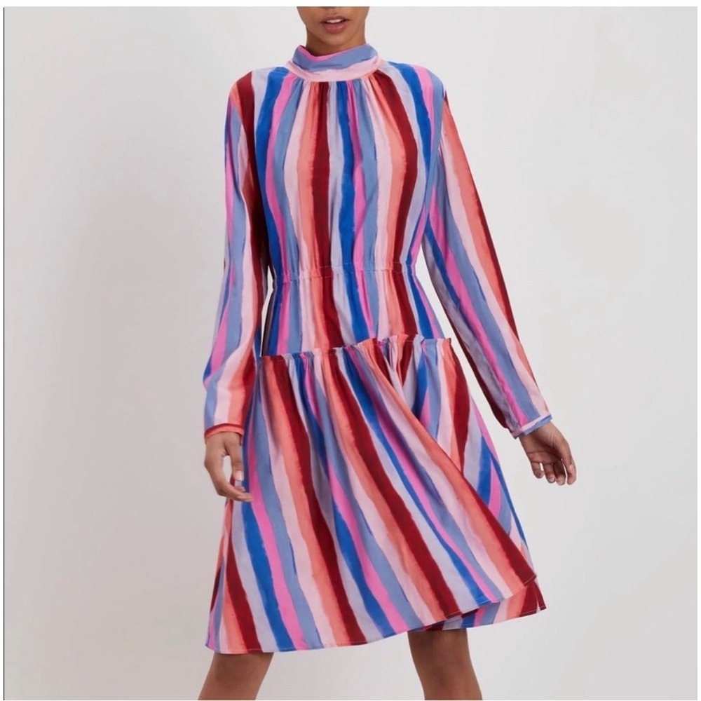 THE KIT. Watercolor Stripe Mock Neck Tie Back Tiered Dress XS Pink Blue Red